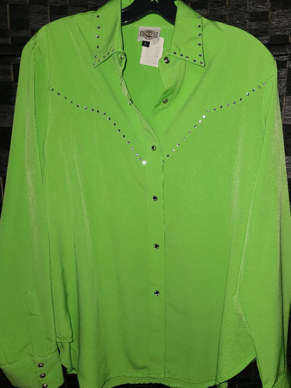 Rod's Western Palace lime green shirt features rhinestones size Large NWT